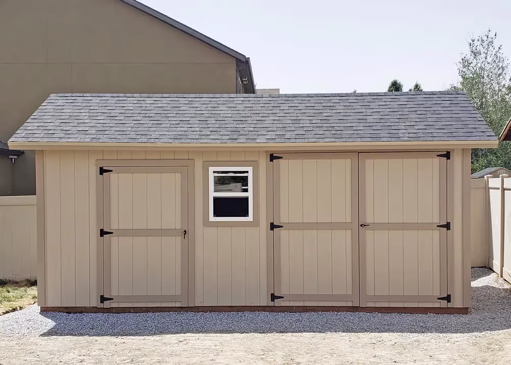 A 10 foot by 20 foot Tall Apex Shed with 6' double door and a 4' single door on the same wall