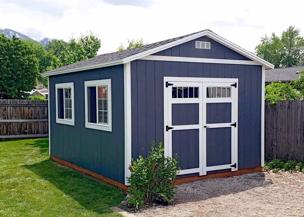A 12' X 16' Tall Apex Shed with transom windows in the double door
