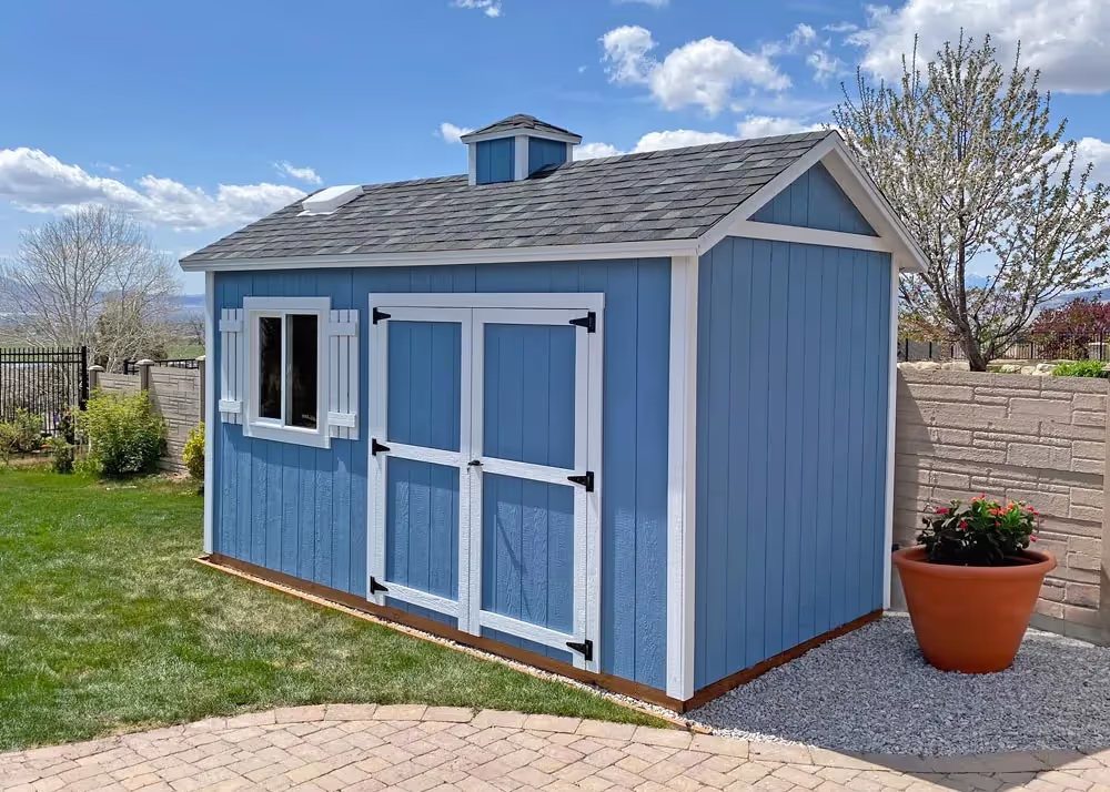 An 8' x 16' Tall Apex Shed with a custom roof pitch, a cupola and more