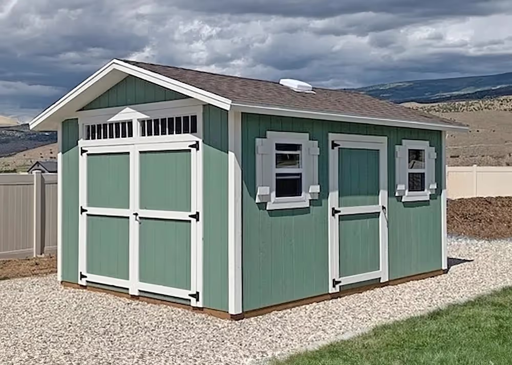 A 12' X 16' Tall  Apex shed with transom windows above the double door and many more options