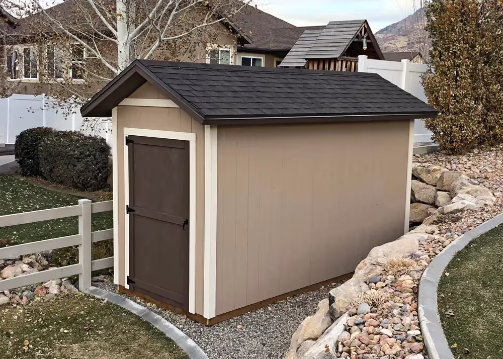 A 6 foot by 14 foot tall apex shed with 12" overhang