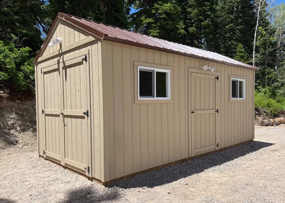 A 10 by 20 tall apex storage shed with a metal roof and upgrades for snow load