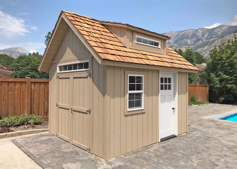 A 10 foot by 12 foot Tall Apex Shed used for a pool house