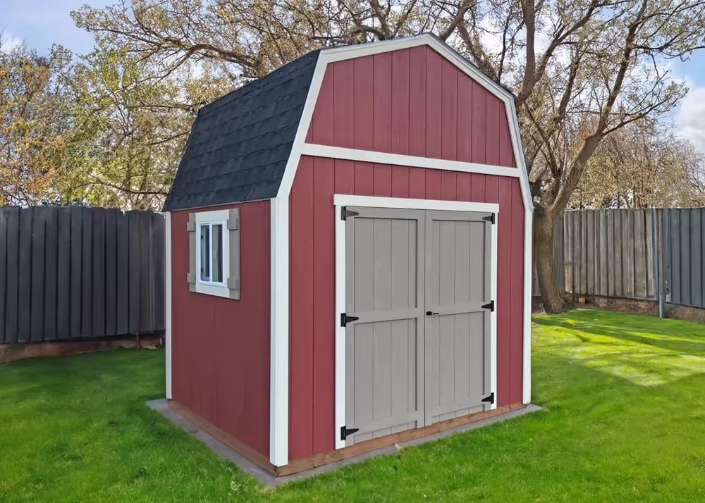 A 10 foot by 8 foot standard barn with three tone paint