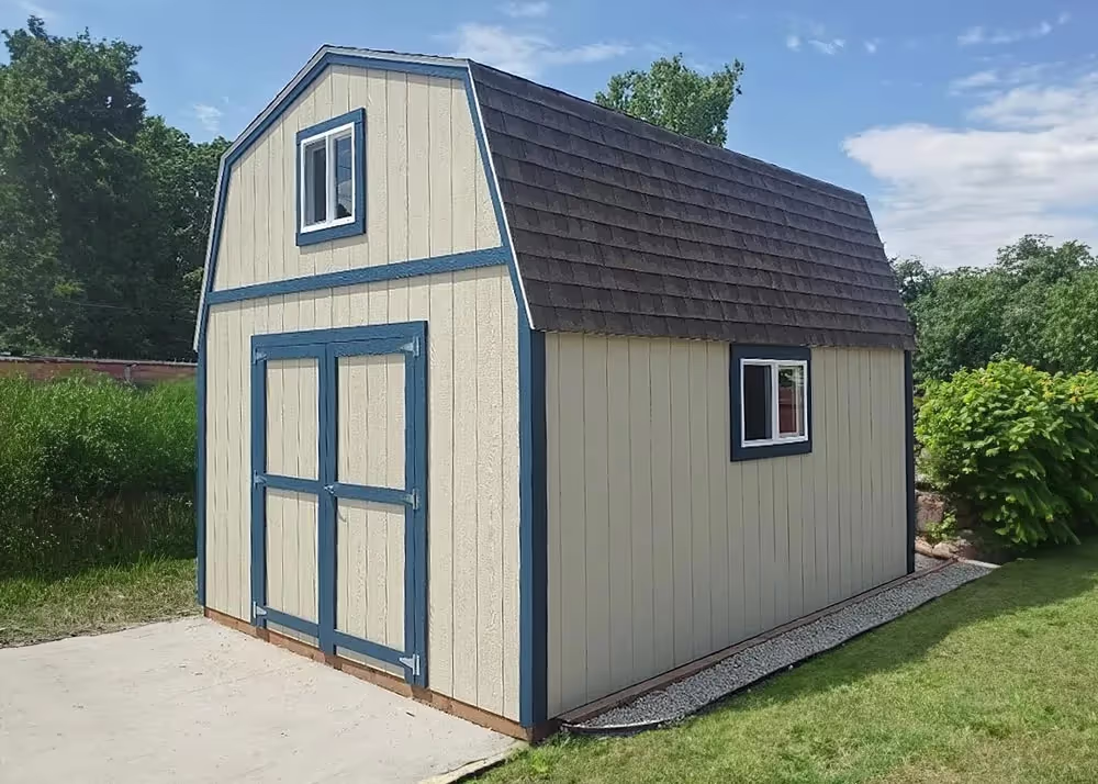 A 12 foot by 16 foot tall barn storage shed with window in the gable
