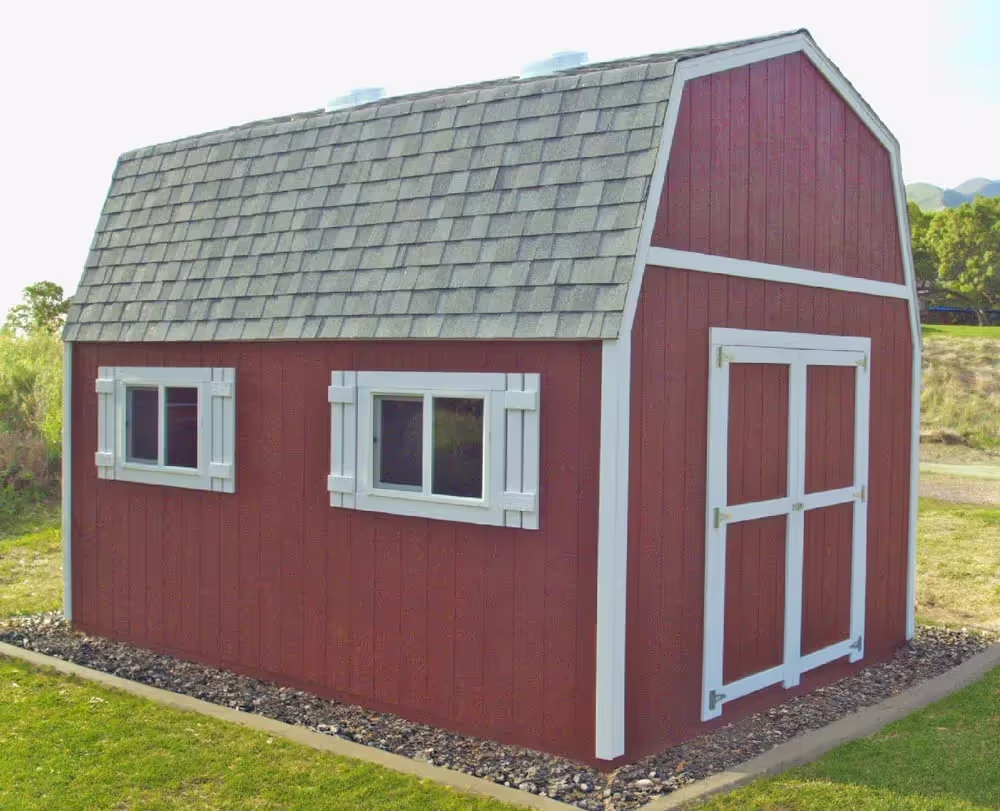 A 12 foot by 16 foot tall barn shed with 2 windows with shutters