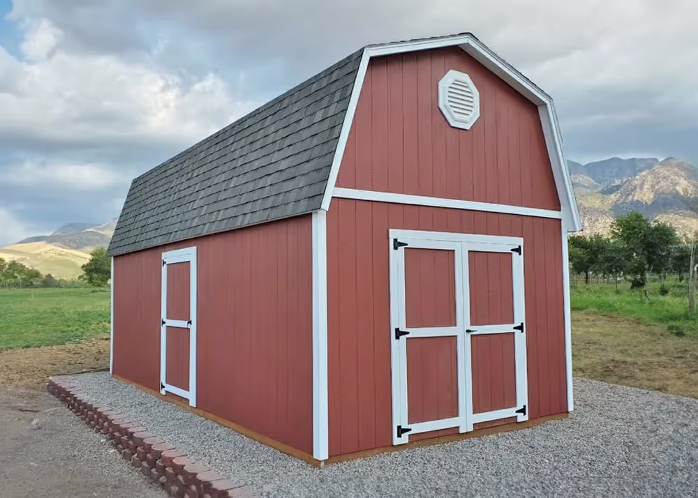 A 12 foot by 24 foot tall barn storage shed with 6 inch roof overhang