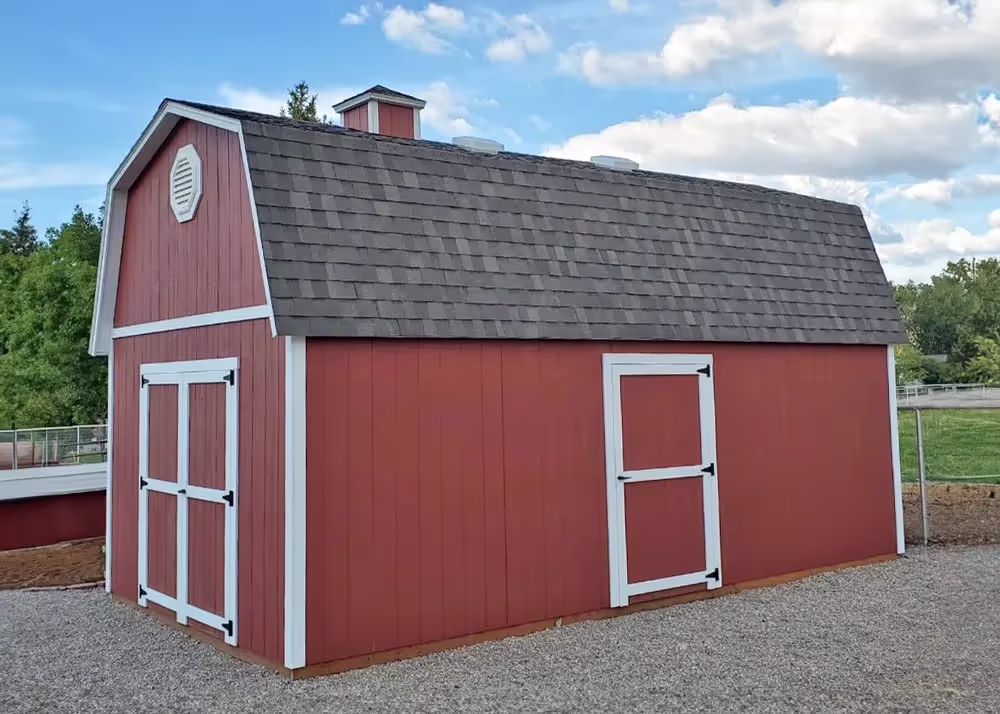 A 12 foot by 24 foot tall barn storage shed with 6 inch roof overhang