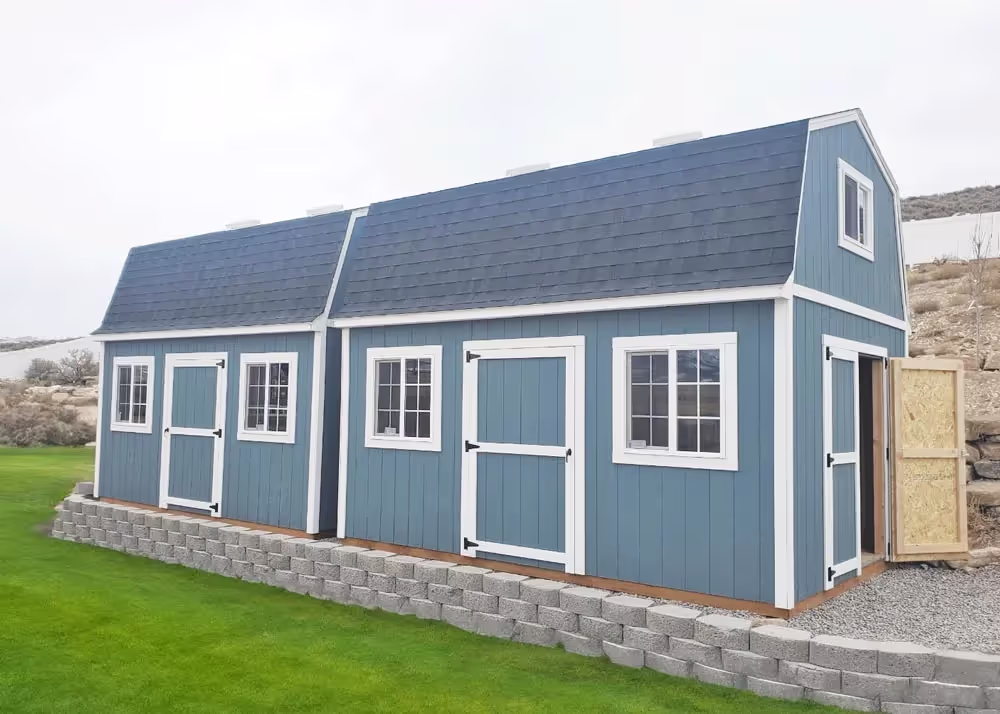 A pair of 10 foot by 20 foot Tall barn storage sheds with various options