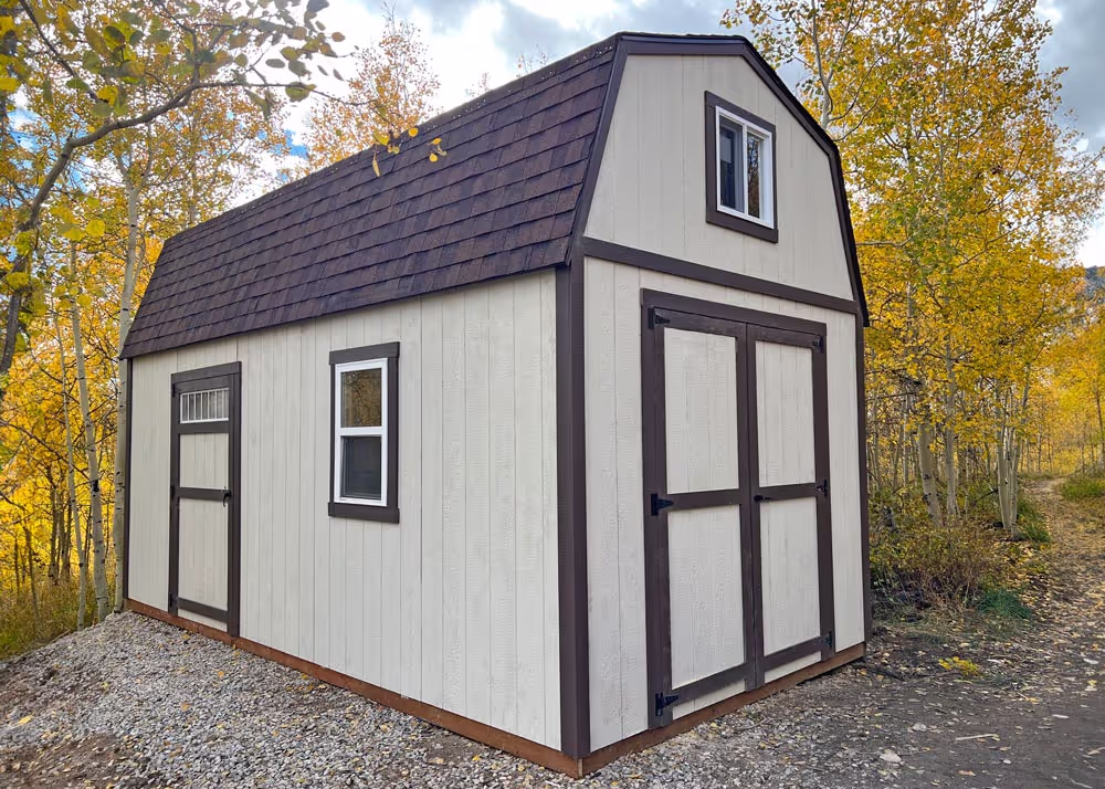 A 10 foot by 20 foot tall barn storage shed with an extra single door and more