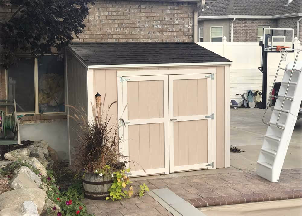 A custom 6 foot by 9 foot Lean-To pool house shed