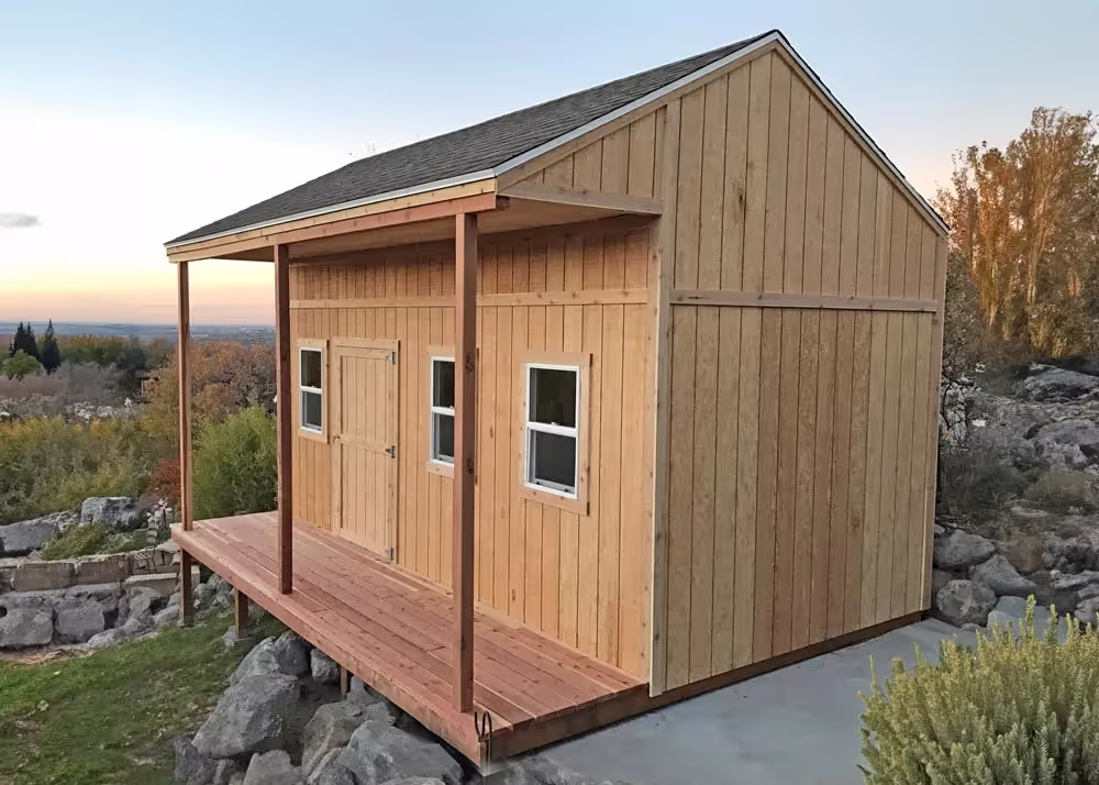 A custom 14 foot by 20 Foot Tall Tack shed with 10 foot walls and T-111 Siding