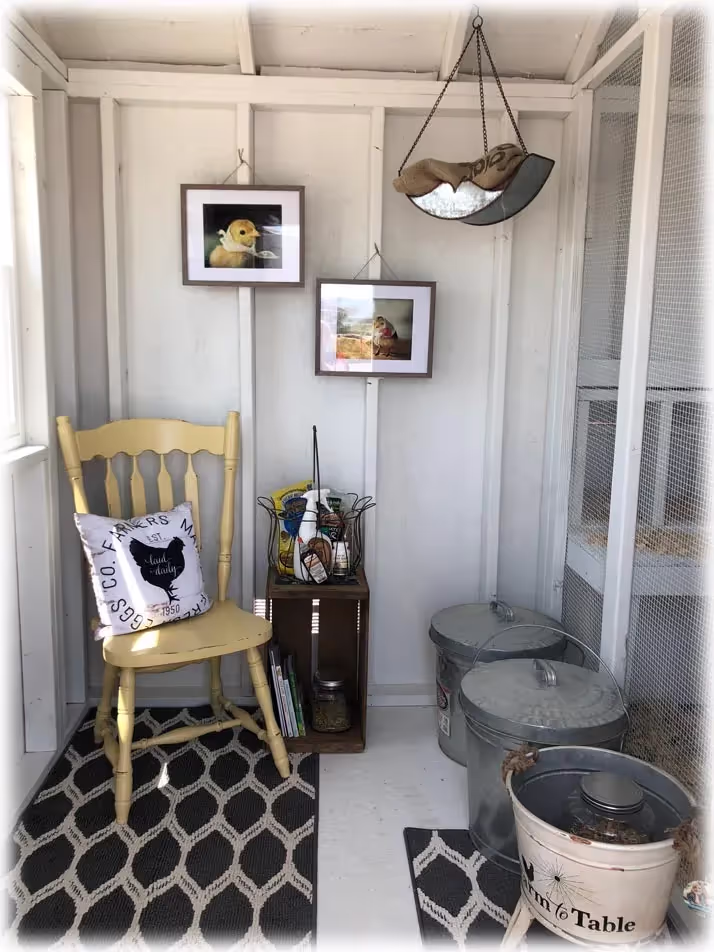 The interior of a custom chicken coop & shed combination with a sitting area