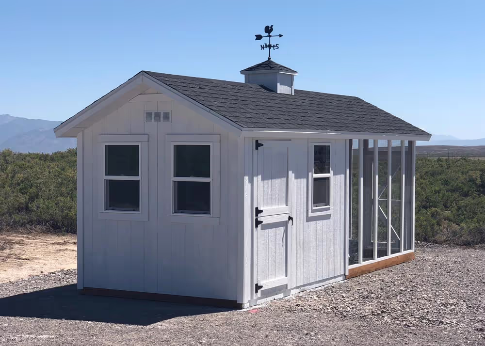 A custom 8 foot by 12 foot Standard Apex shed, coop combination with an 8 foot by 8 foot run