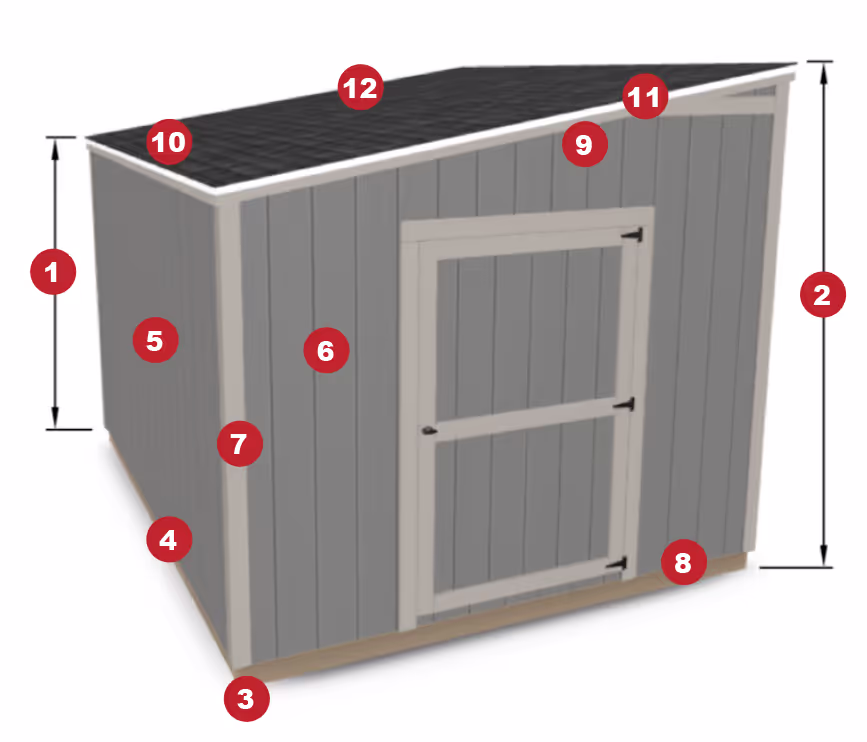 Lean-To Shed rendering with callouts for features