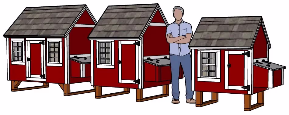 Drawing of small, medium and large hen huts with a man standing next to them