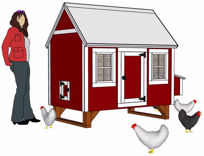 A drawing of a Large Hen Hut chicken coop with a woman standing next to it