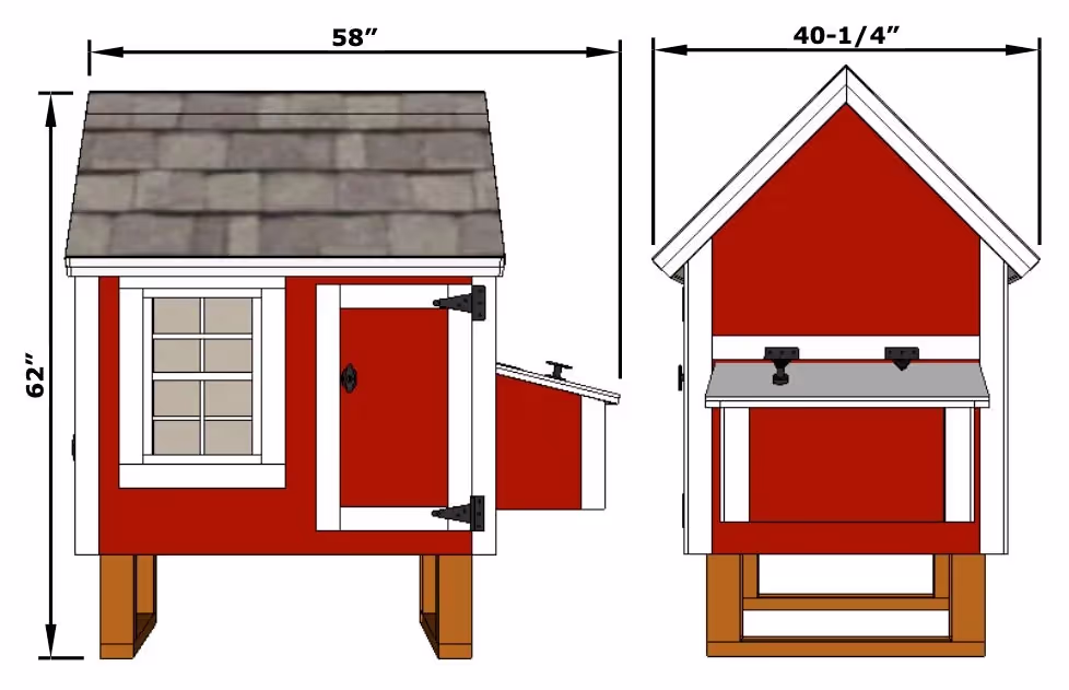 A drawing of a small hen hut chicken coop with dimenstions