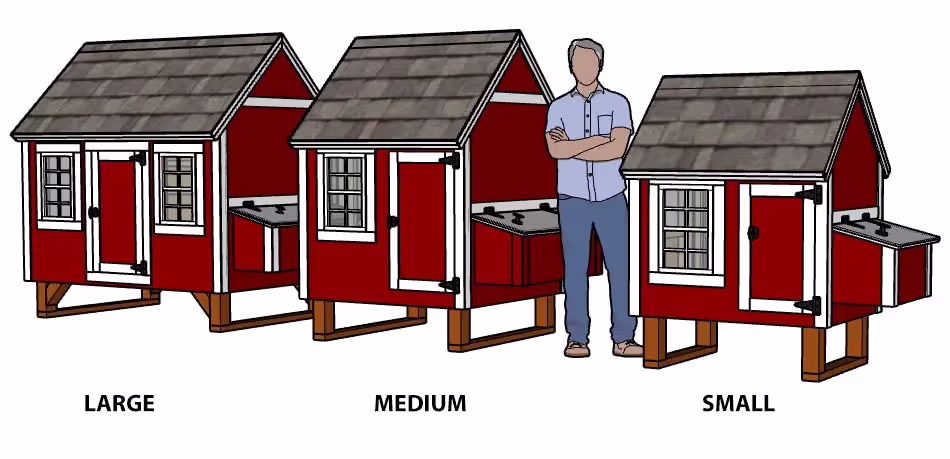 A drawing of a small, medium and large hen hut with a man standing next to them
