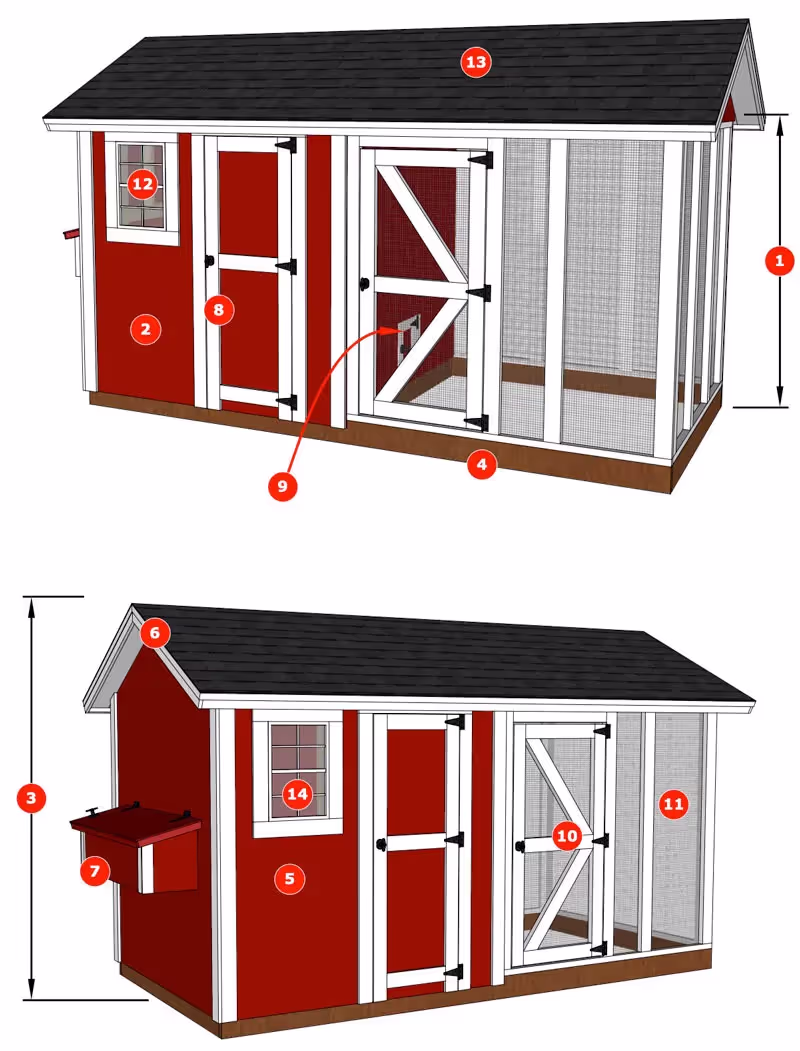 Drawing of coop DeVille chicken coop showing features
