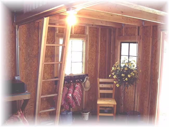 The interior of a custom playhouse with a loft and a ladder