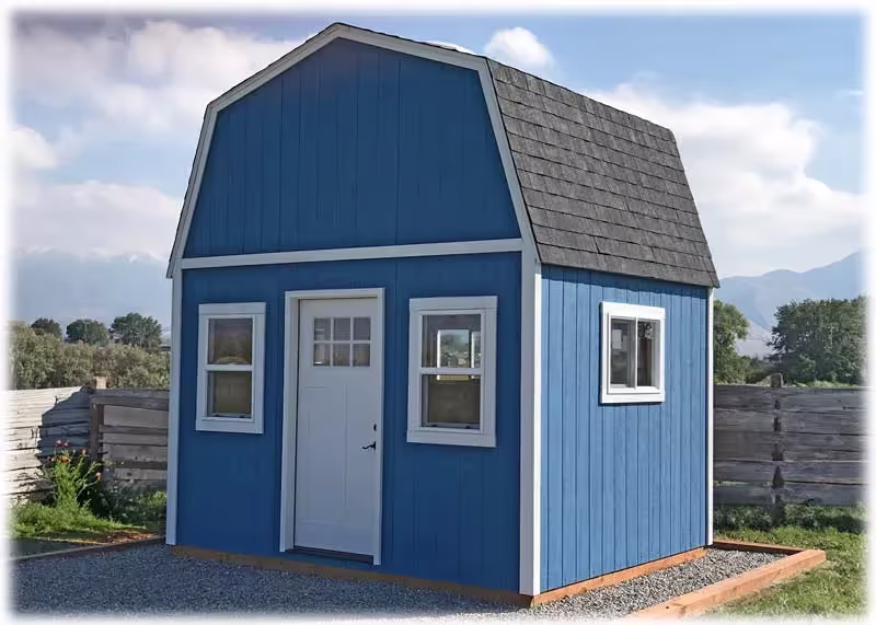 A tall barn shed converted into a playhouse with a craftsman style entry door and more