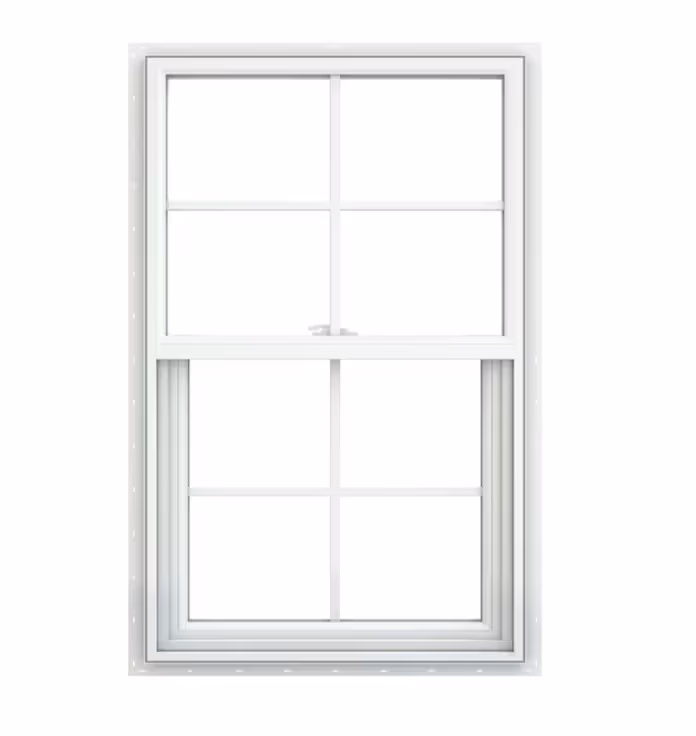 A 24" by 36" Vinyl Single Hung window with grids for a shed