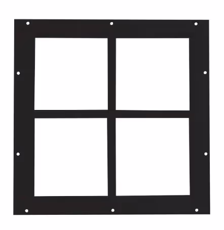 A 12" by 12" aluminum shed window in black.