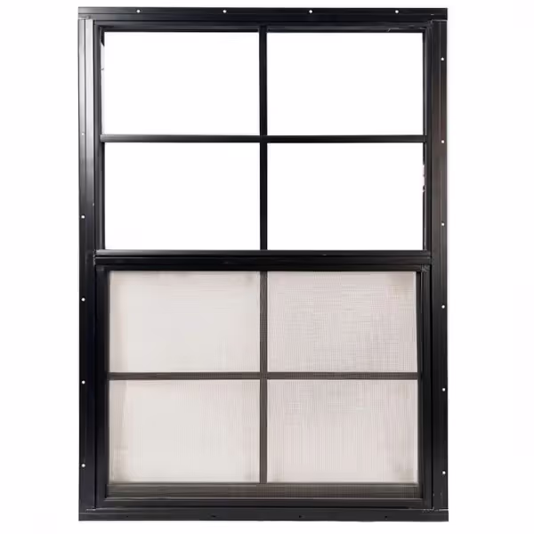 A black 24" by 36" Aluminum single hung window for a shed or greenhouse