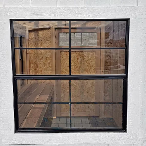 A black 36" by 36" aluminum single hung window for a shed or greenhouse