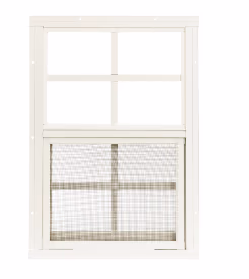 An aluminum 12" by 18" playhouse window with grids that opens up and down