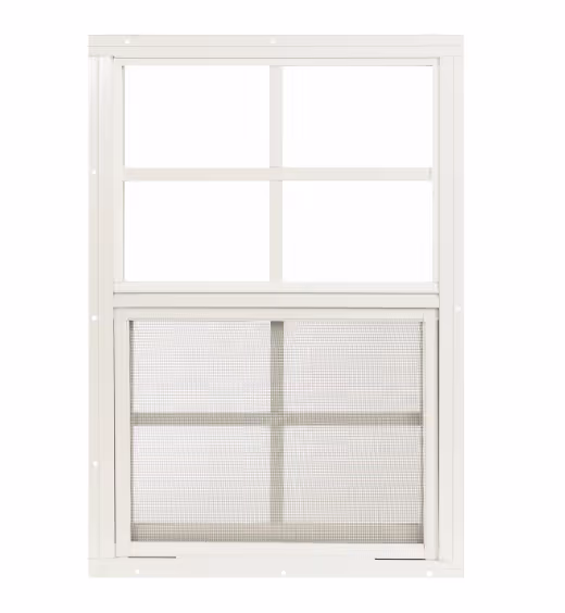 A 14" by 21" aluminum playhouse window with grids that opens up and down.