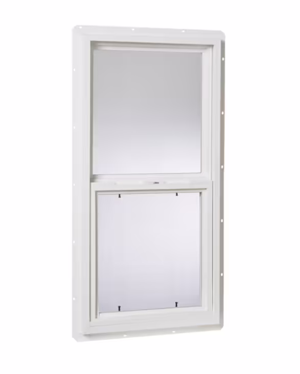 An 18" by 36" vinyl single hung window for sheds