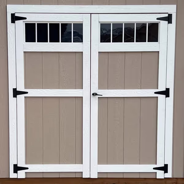 A 6' wide double door with transom windows for a shed