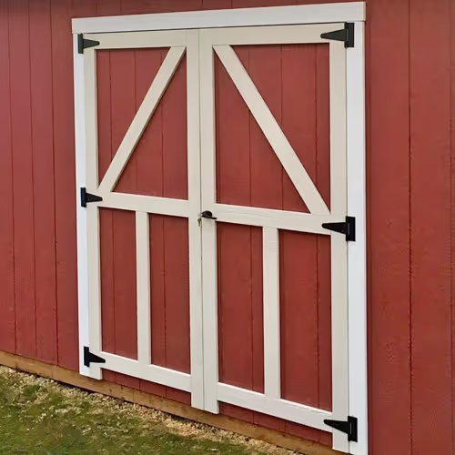 A 6' wide double door with custom trim for unique styled shed