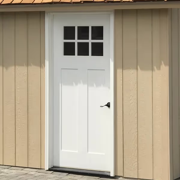 Our fiberglass 36" craftsman style entry door with a window on a pool house shed