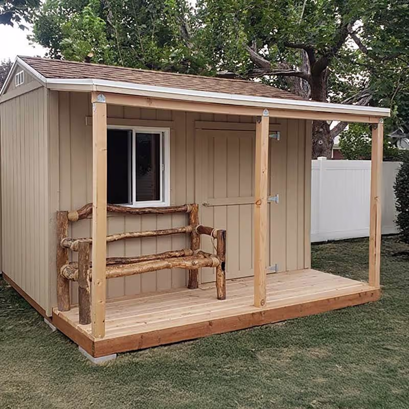 A porch overhand and deck with Doug Fir decking on a tall apex shed