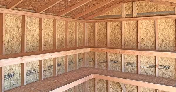 A shed with 16" deep shelves and 24" deep shelves in an L shape