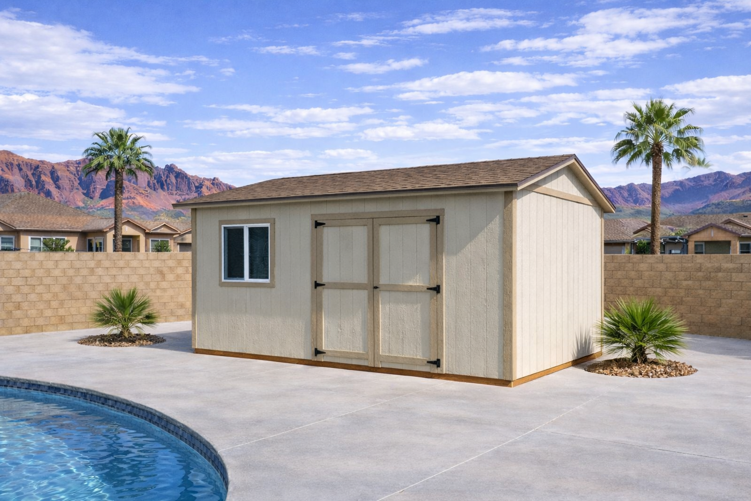 Custom storage shed in a St. George, Utah backyard with desert landscaping and red rock mountains
