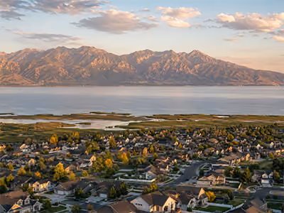 Arial View of Saratoga Springs with Utah Lake in the Background.