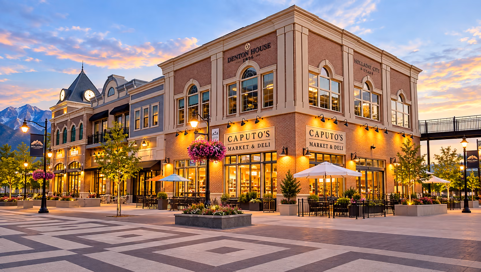 Holladay, Utah city scene with local businesses and the Wasatch Mountains