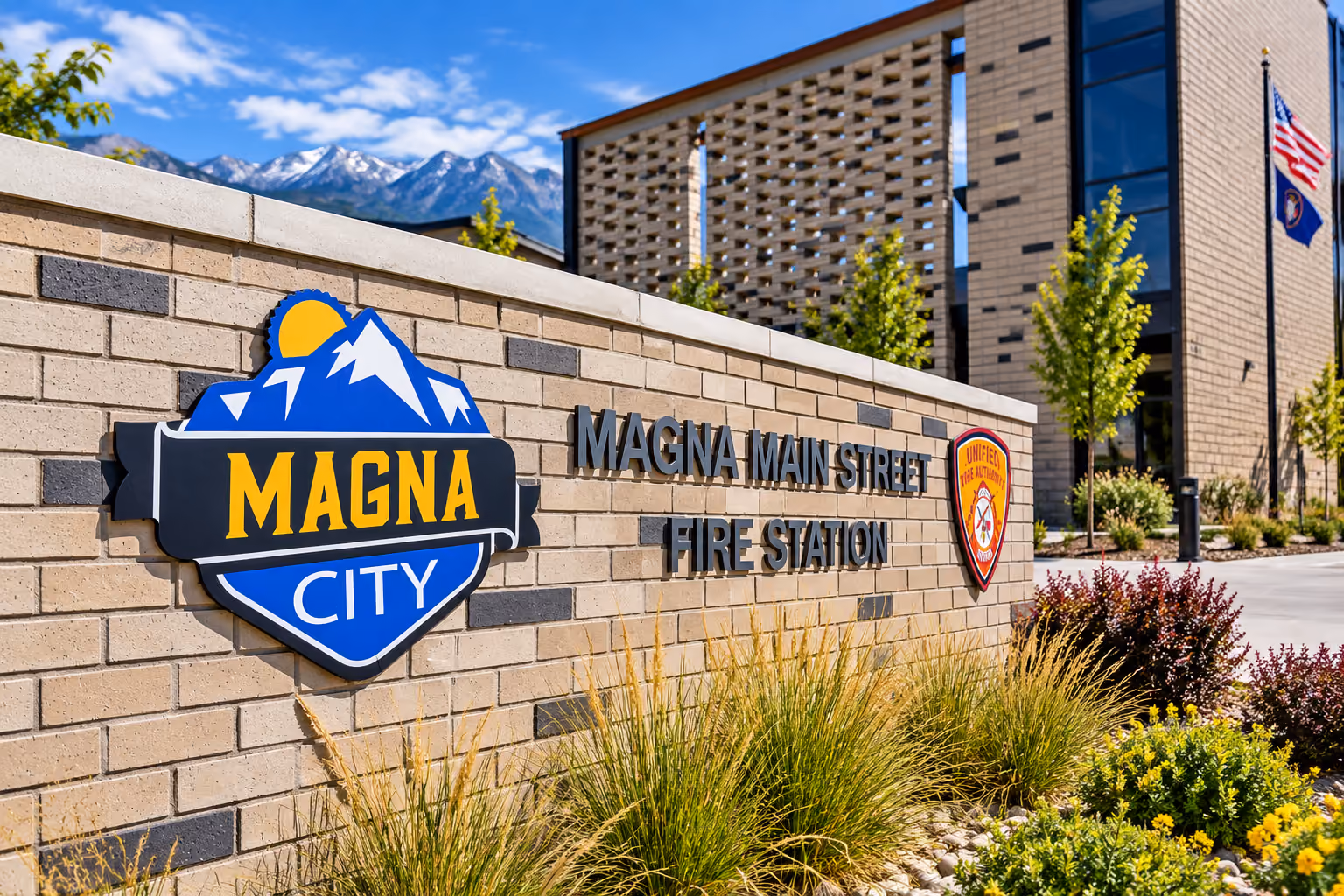 Magna City sign at the Magna Main Street Fire Station in Magna, Utah