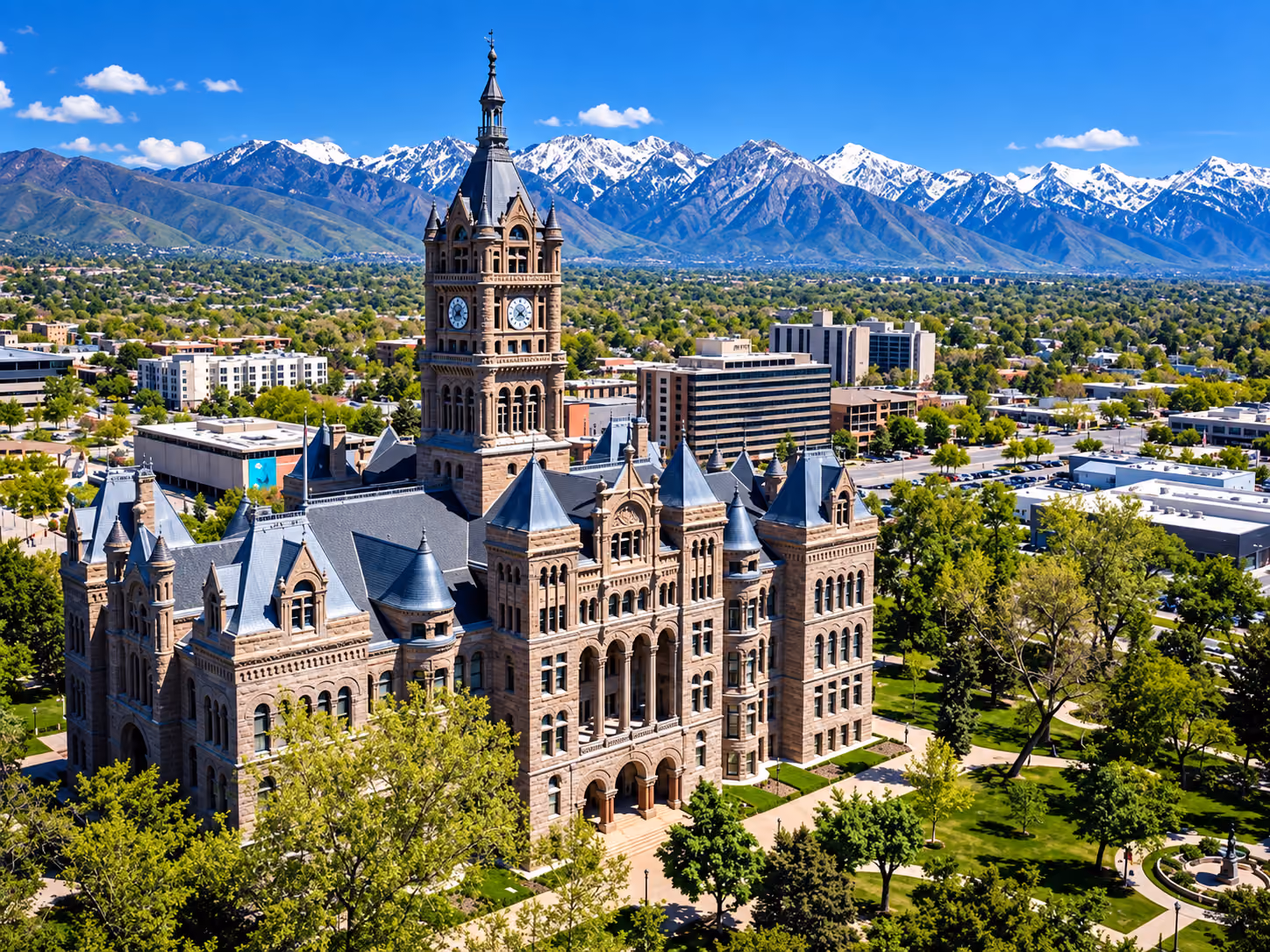 Historic Salt Lake City and County Building with the Wasatch Mountains in Salt Lake County, Utah