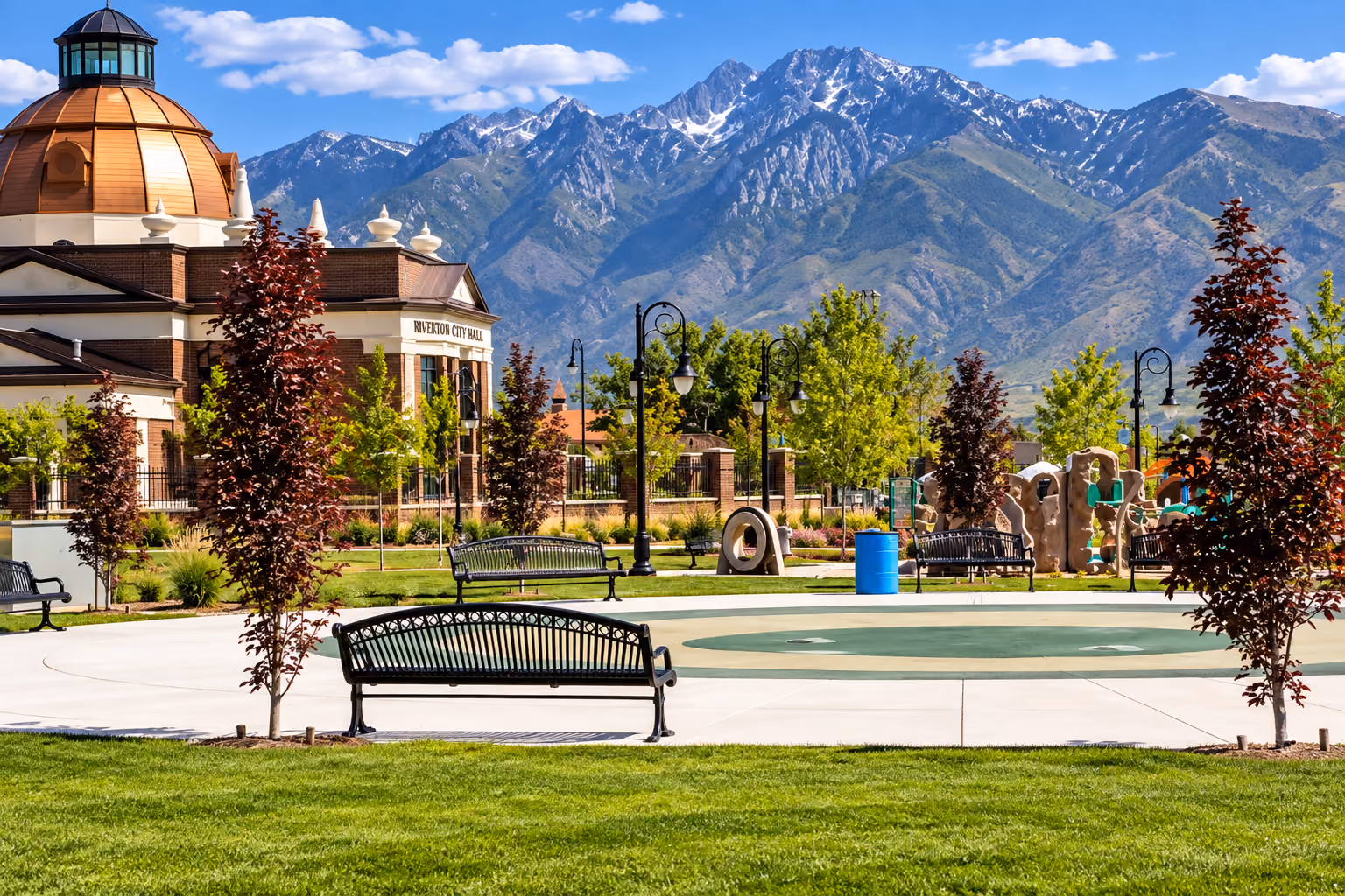 Riverton City Hall and civic park with the Wasatch Mountains in Riverton, Utah