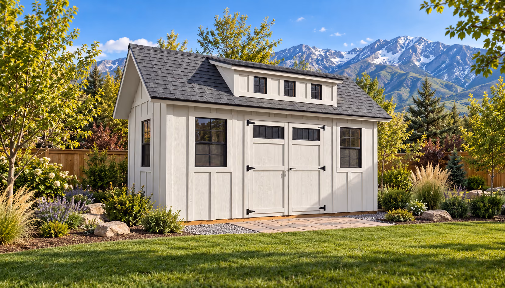 Custom white storage shed with black trim and windows in a landscaped Utah backyard with mountain views.