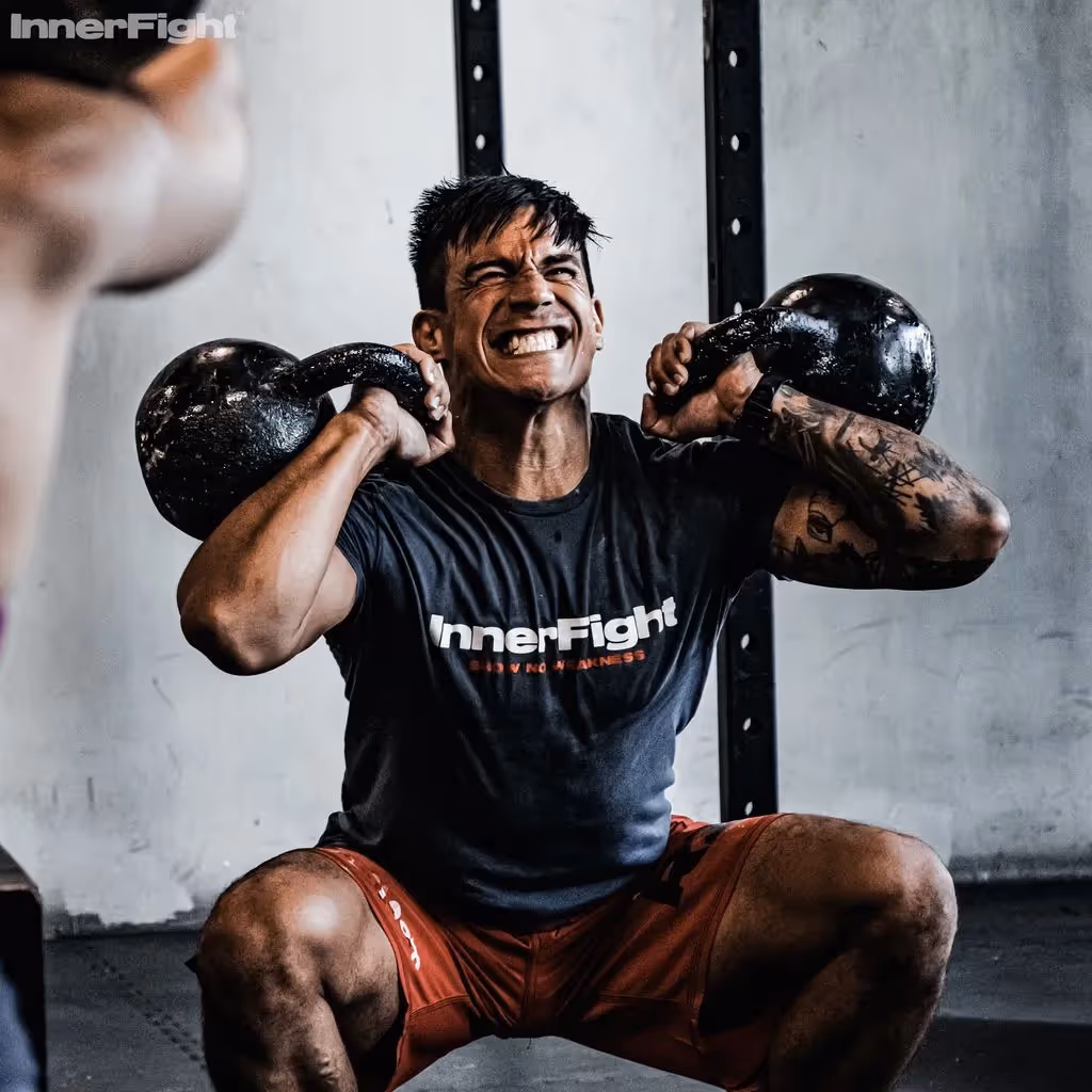 Male athlete doing a kettlebell squat