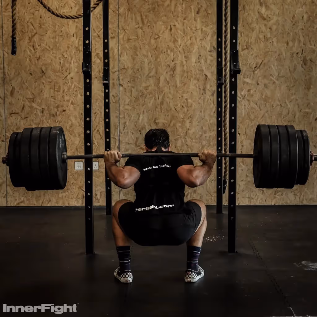 Male CrossFit athlete successfully squatting heavy weight