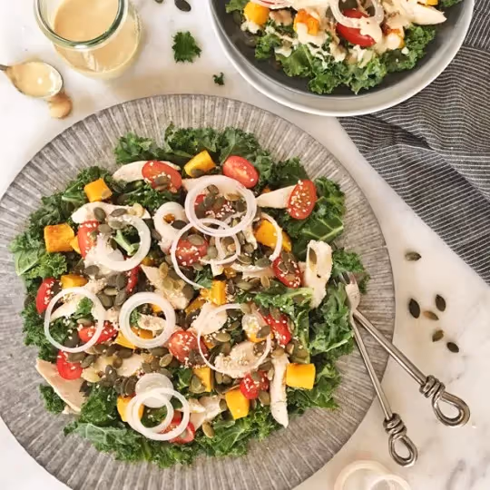 Kale, Chicken and Pumpkin Salad with Tahina Dressing