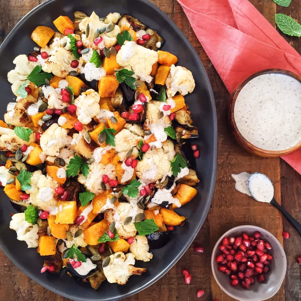 Roasted Cauliflower, Eggplant and Pumpkin with Lemon Tahina Dressing