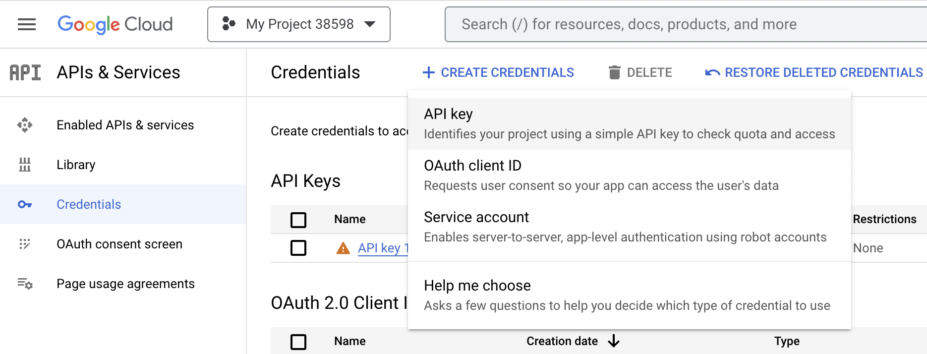 Create credentials